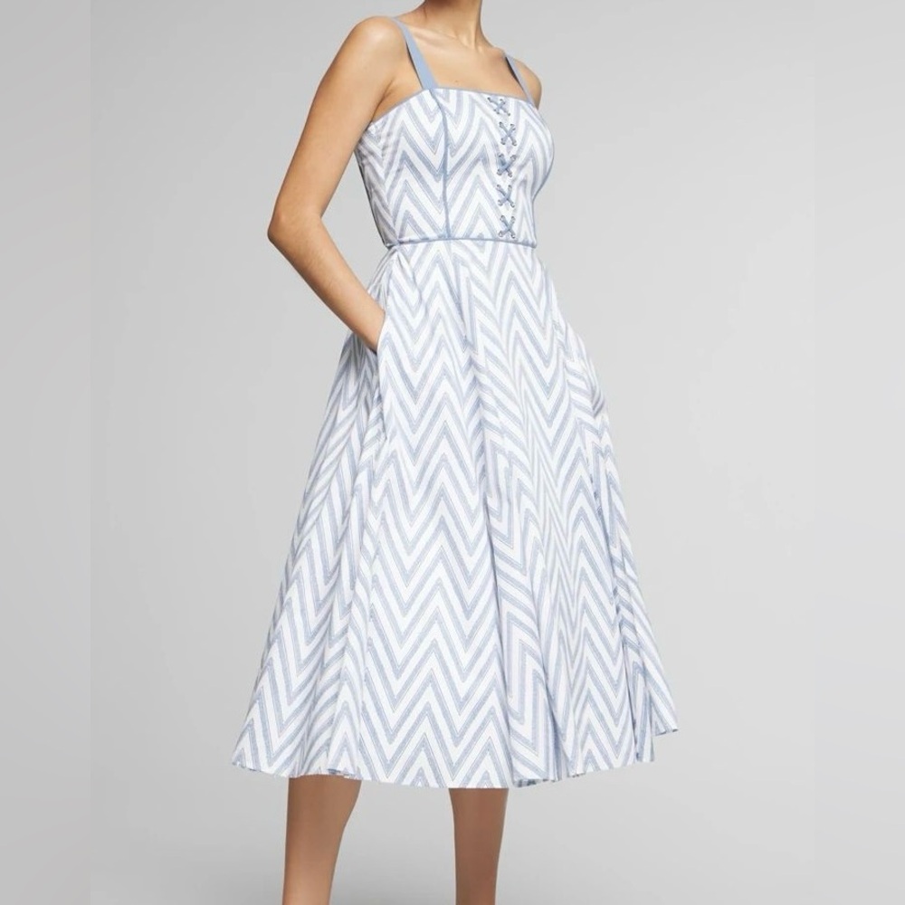 White House Black Market Fit and Flare Midi Dress Size 10 Blue Chevron Lined